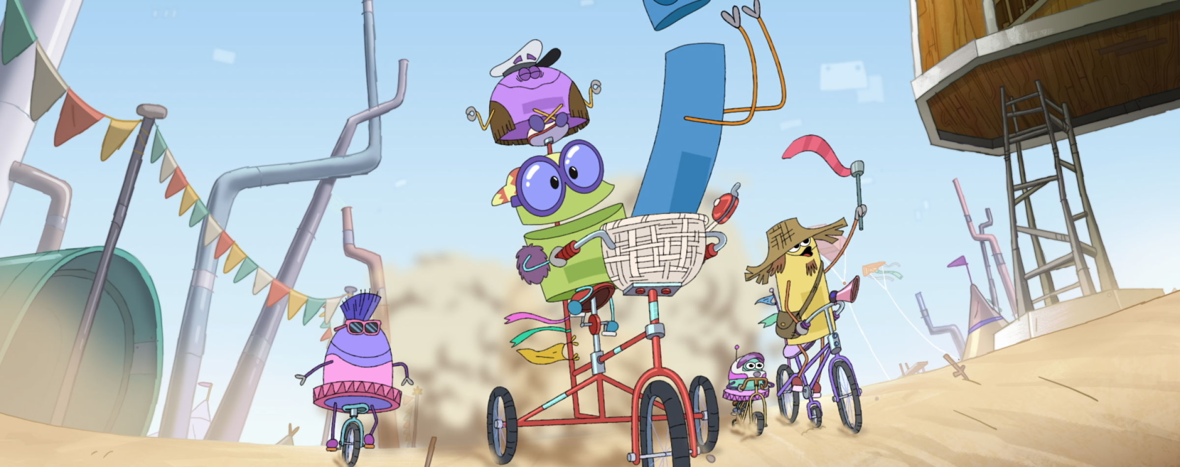 Colorful StoryBots riding bikes in a fun desert race scene from the animated series ‘StoryBots: Answer Time’.