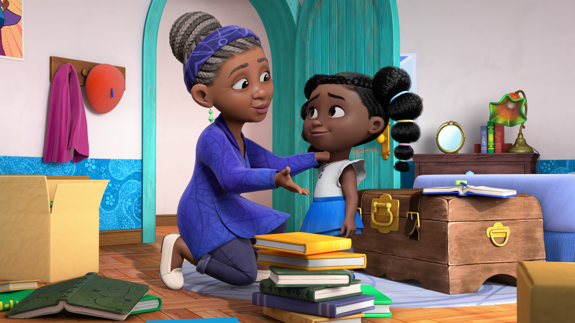 Dee and her grandmother in her room. Books are stacked on the floor in front of them.