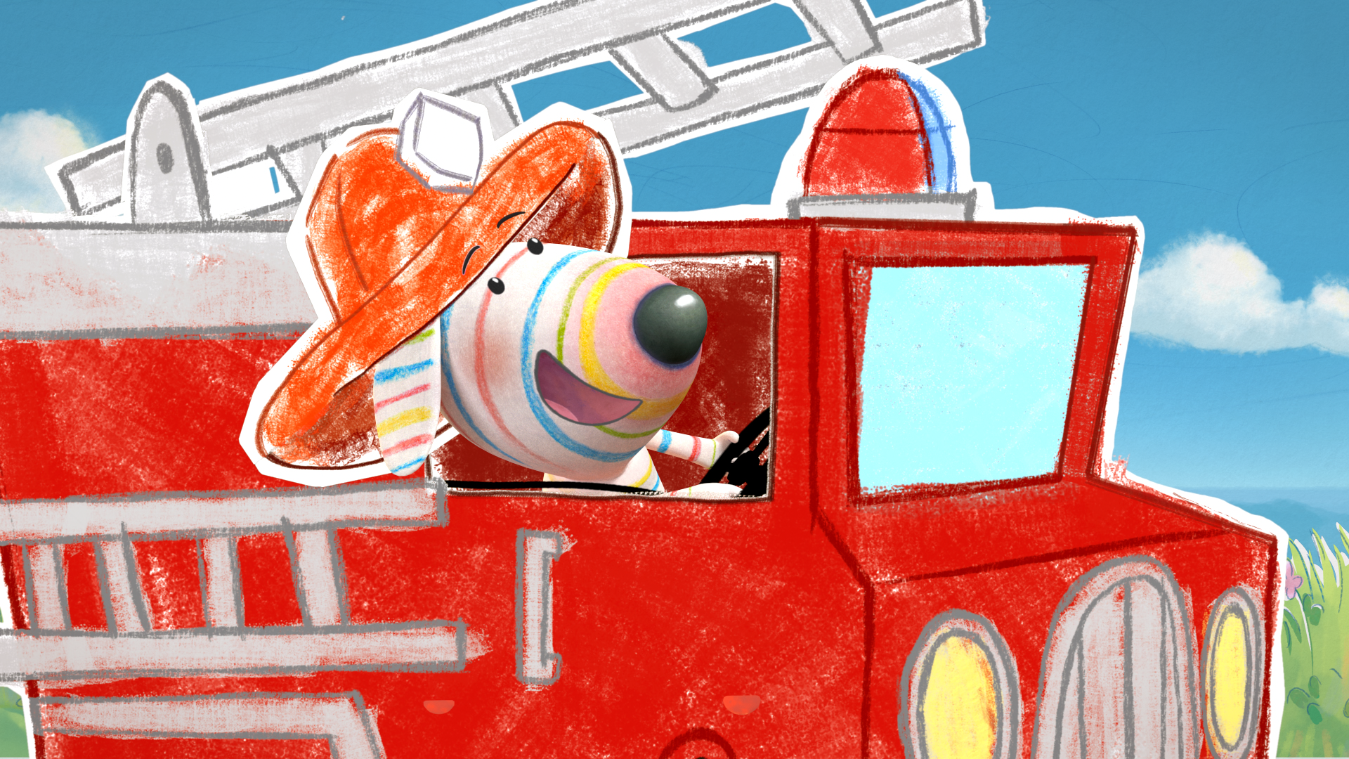 Dylan's Playtime Adventures: A character drives a red fire truck with a ladder, smiling joyfully.
