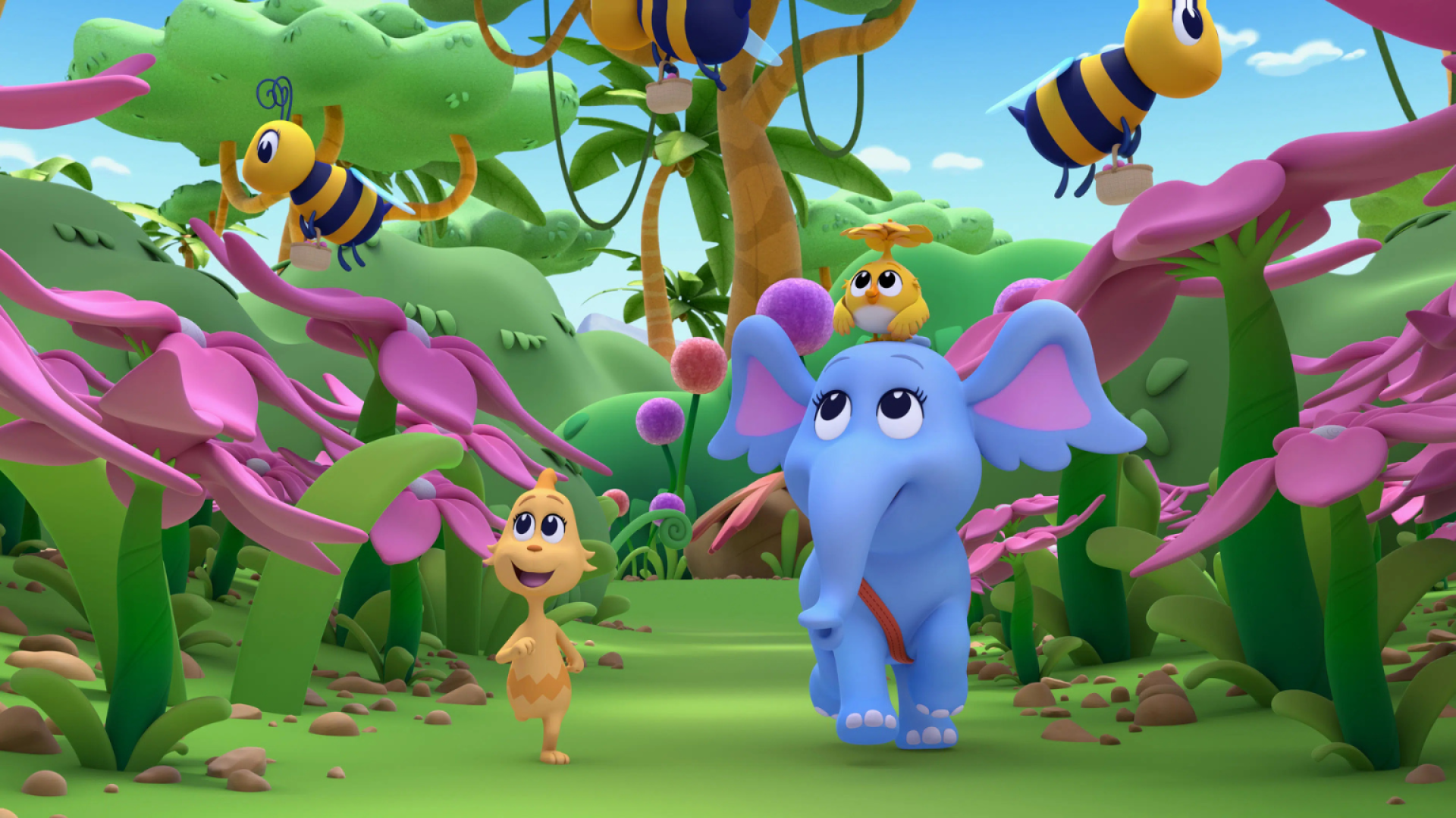 Horton walking through a jungle with pink flowers, and bees nearby.