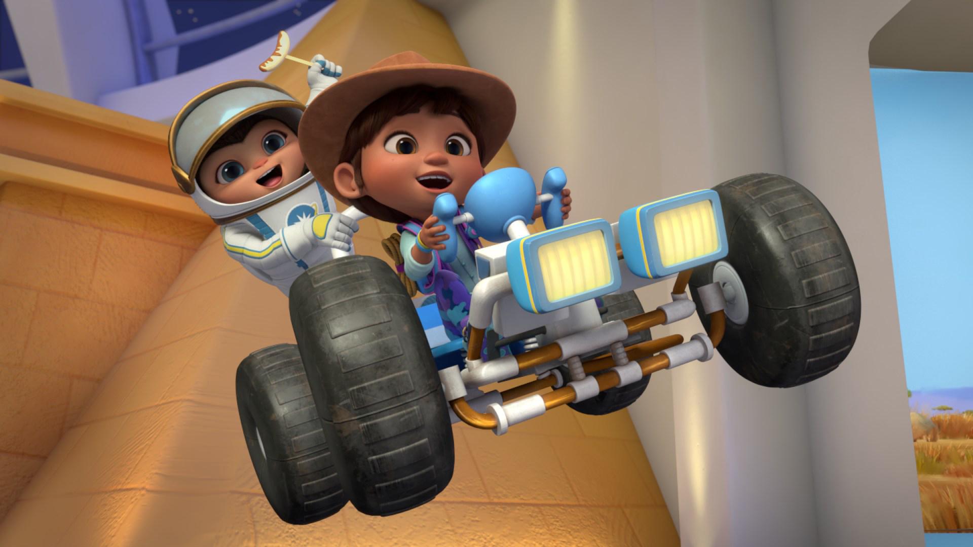 Ridley Jones and friends soaring through the air in a vehicle