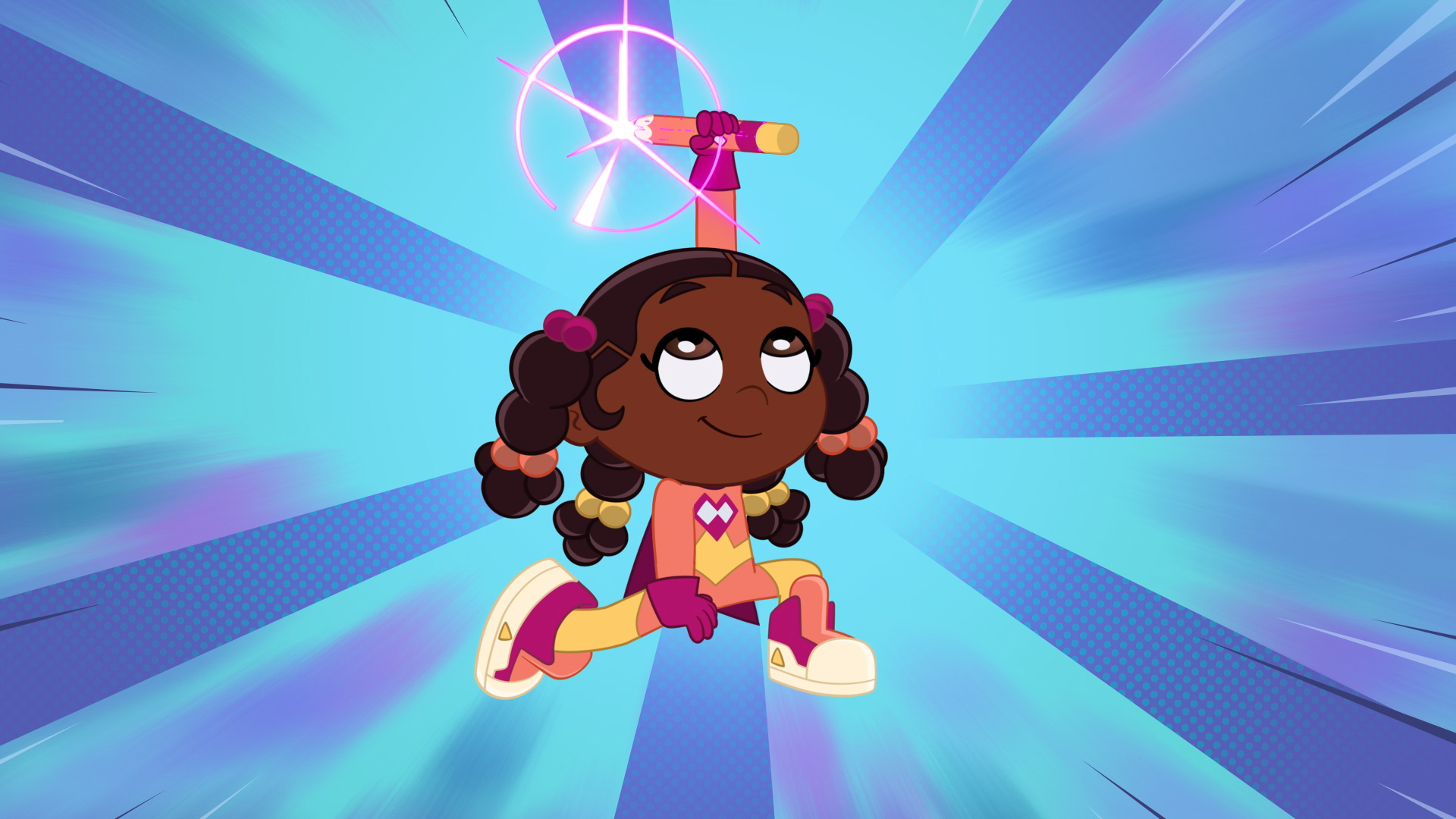 Super Why's Comic Book Adventures: A character jumps or flies energetically against a blue background.