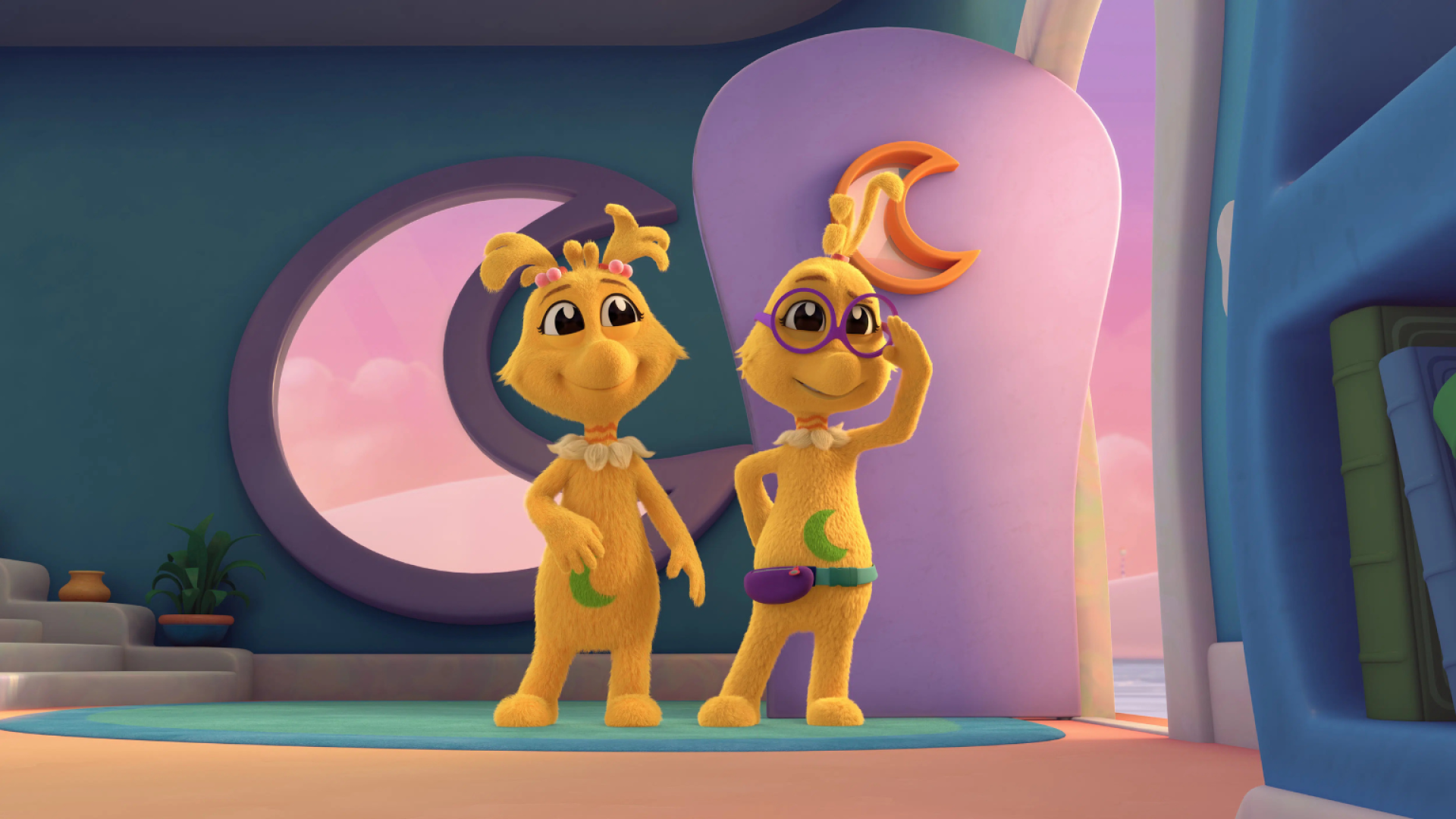 Two Sneetches indoors near a pink structure; both have moon shapes on their bellies. The one on the right is wearing glasses.