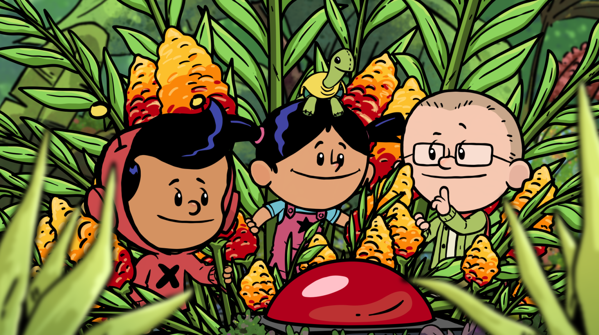 Xavier, Yadina and Brad together surrounding a mushroom