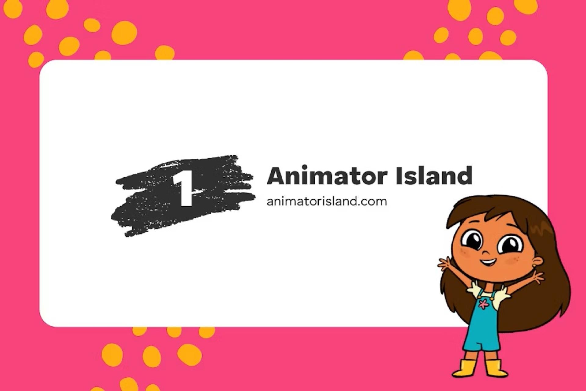 Graphic with text “Animator Island animatorsisland.com” on a white panel, pink background with yellow dots, and a cartoon girl character waving.