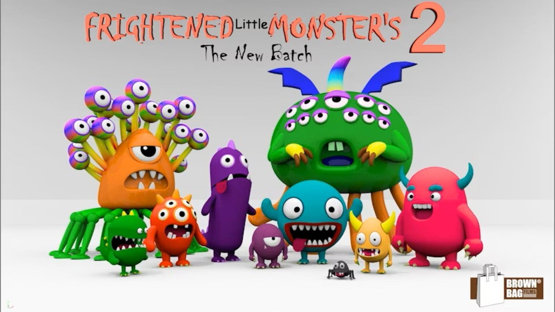 Group of colorful 3D cartoon monsters with text “Frightened Little Monster’s 2: The New Batch” and Brown Bag Films logo.
