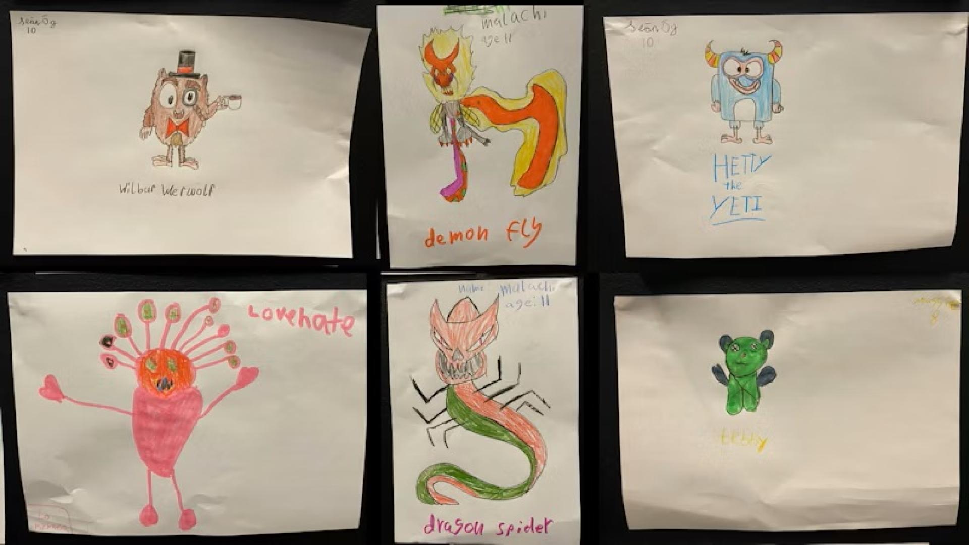 Six hand-drawn monster illustrations by kids displayed on white paper sheets.