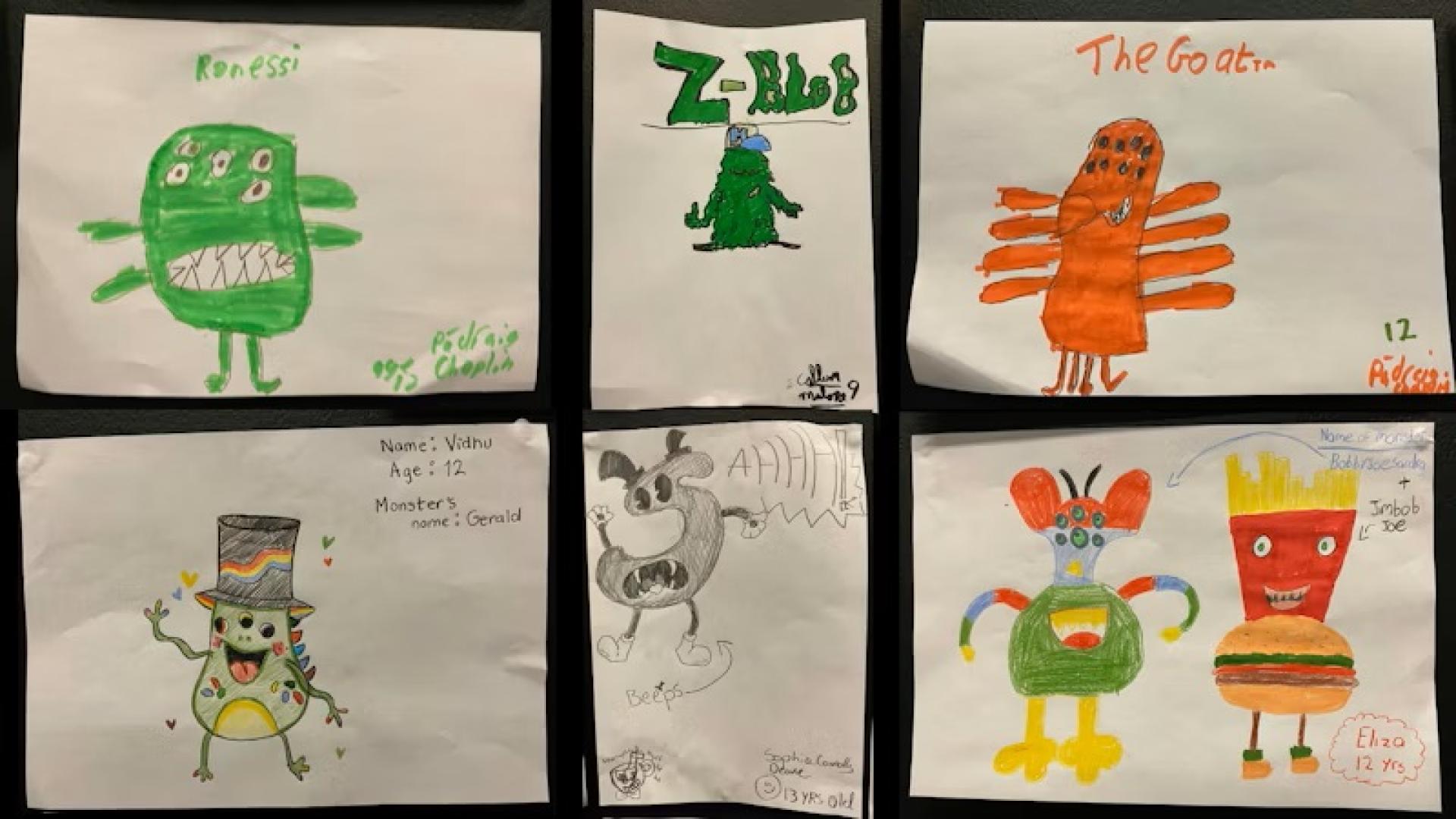 Six hand-drawn monster illustrations by kids displayed on white paper sheets.