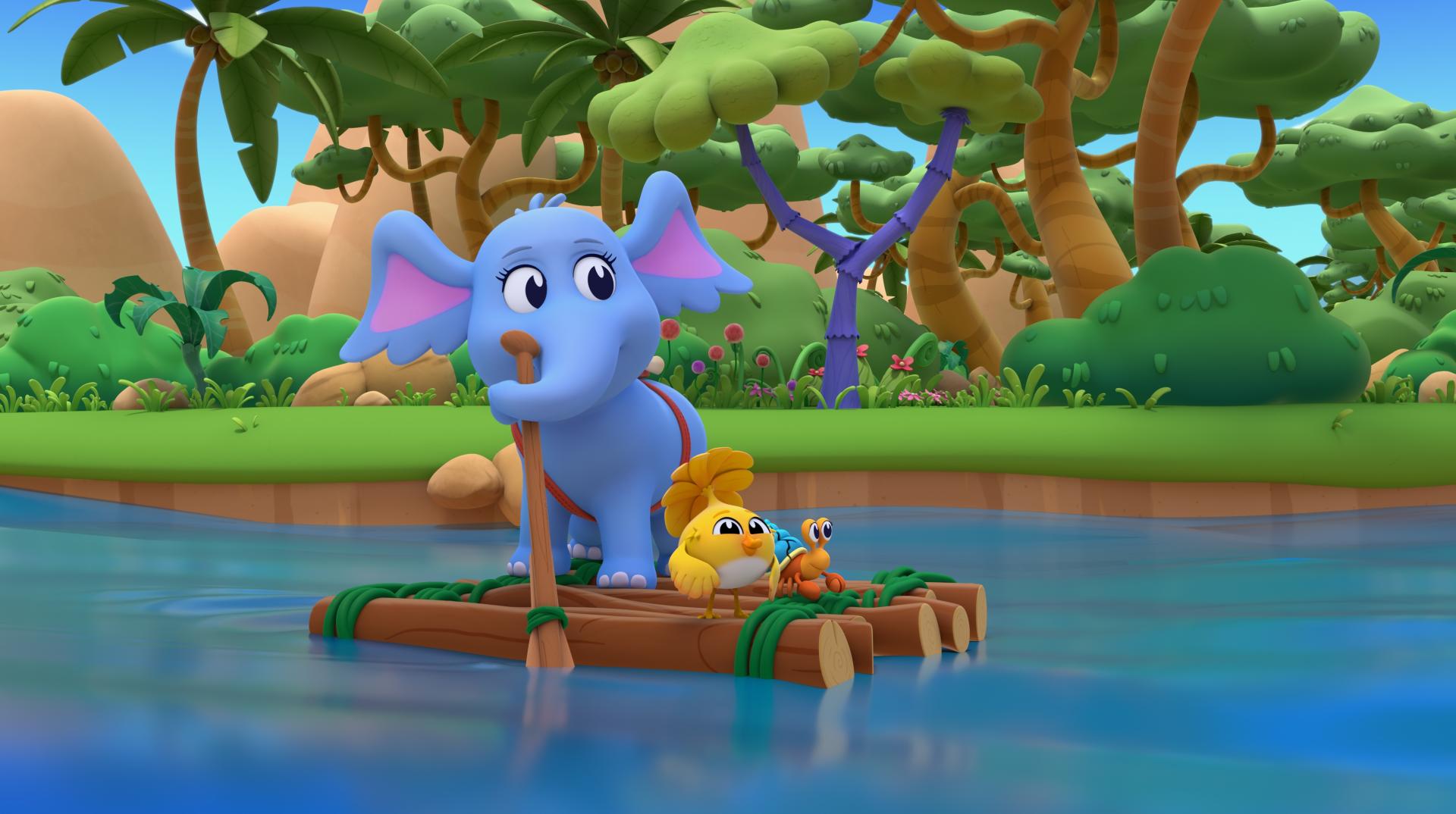 A still from the animated series Dr. Seuss's Horton! featuring Horton and his buddies on a wooden raft in the jungle.