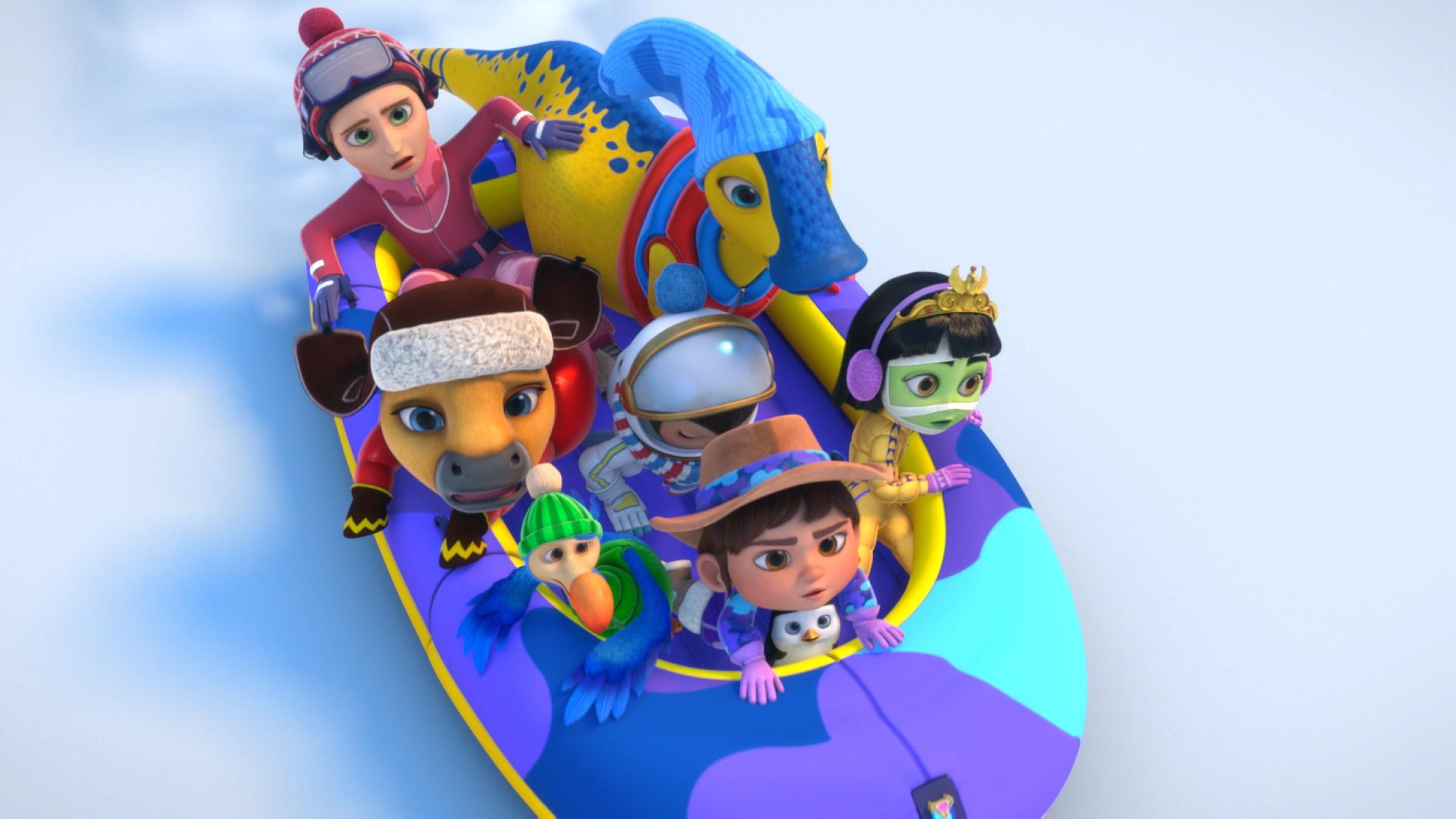 Ridley Jones characters in a boat on the snow