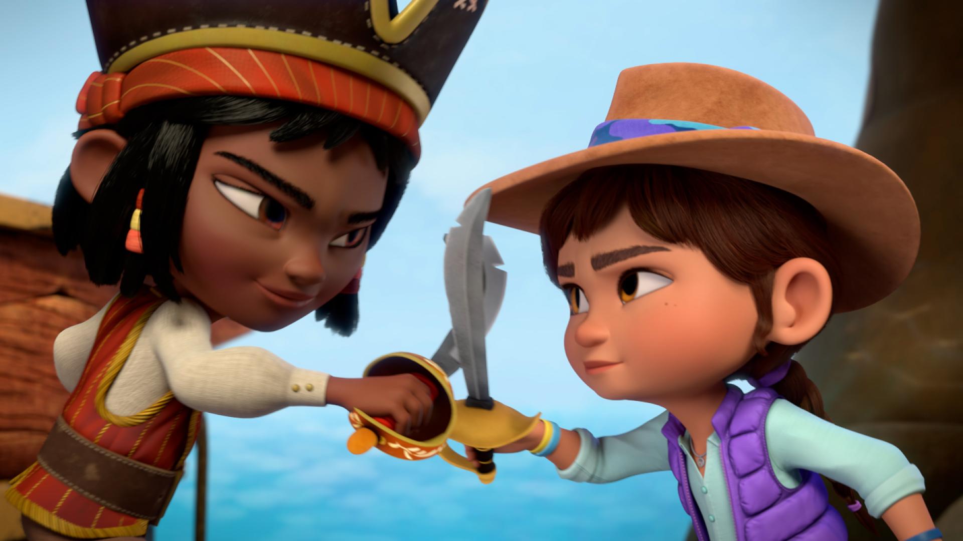 Ridley Jones sword fighting with a pirate