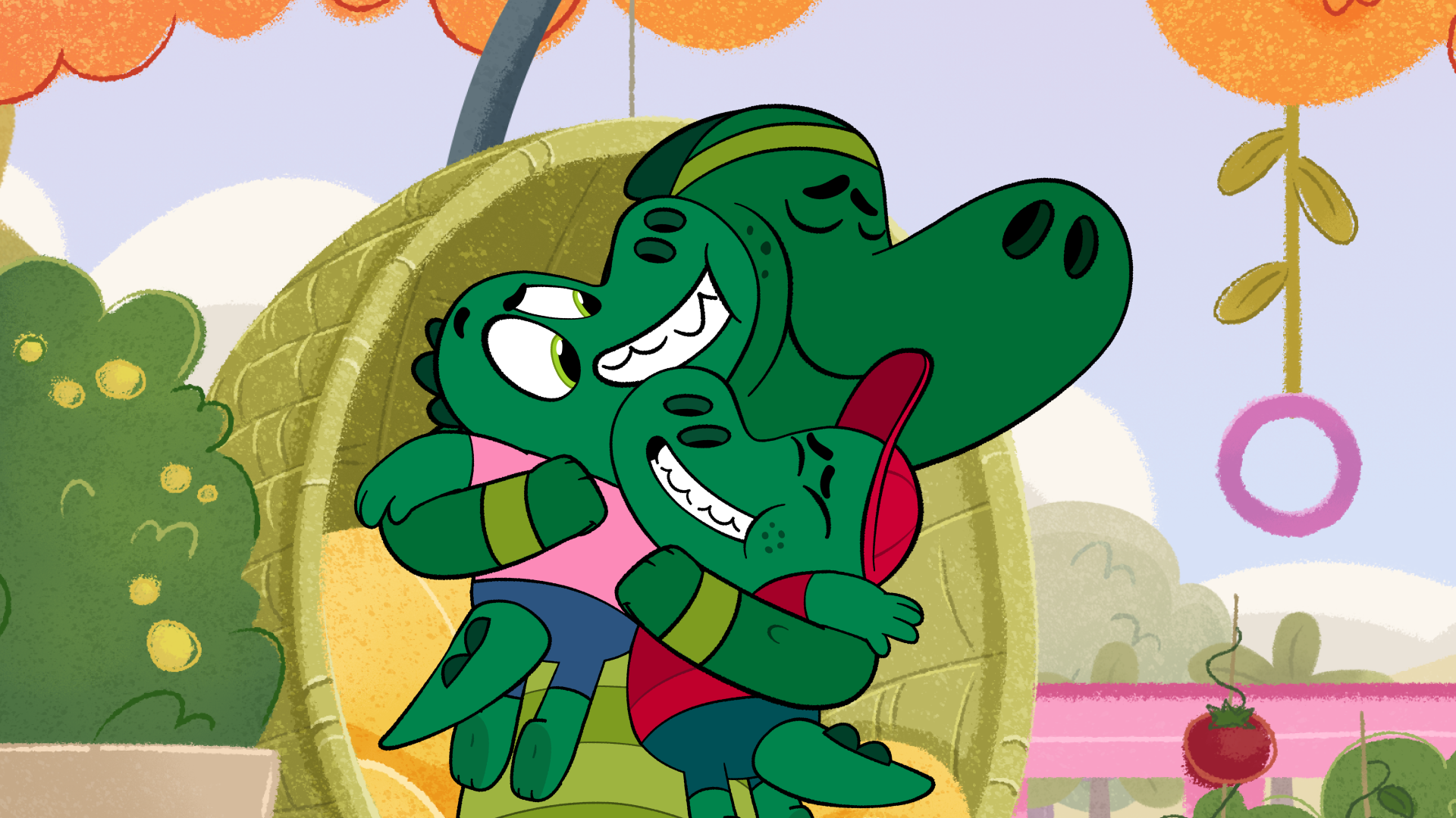 Let's Go Bananas characters hugging episodic still