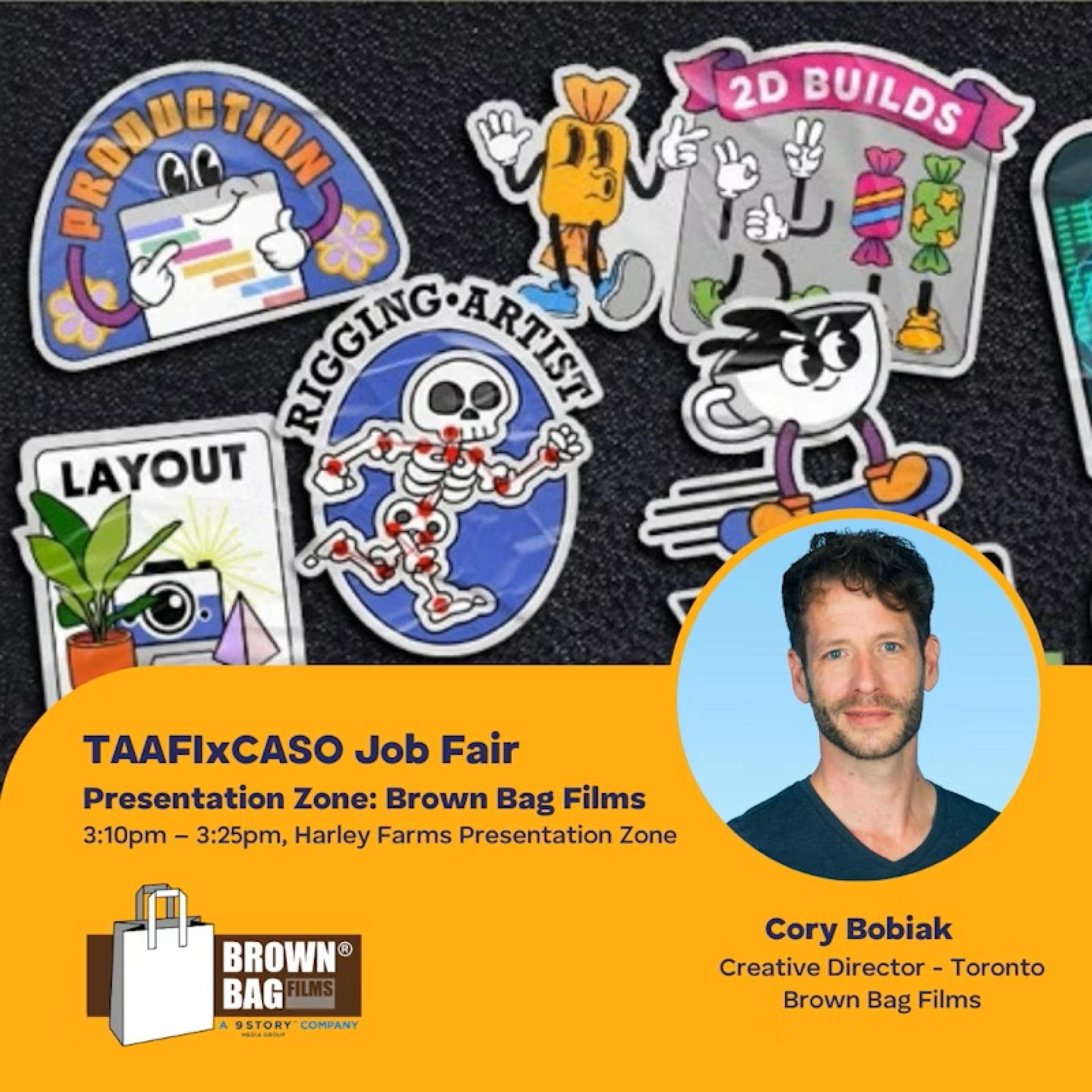 TAAFI x CASO Job Fair graphic showing Brown Bag Films presentation details with illustrated animation role stickers.