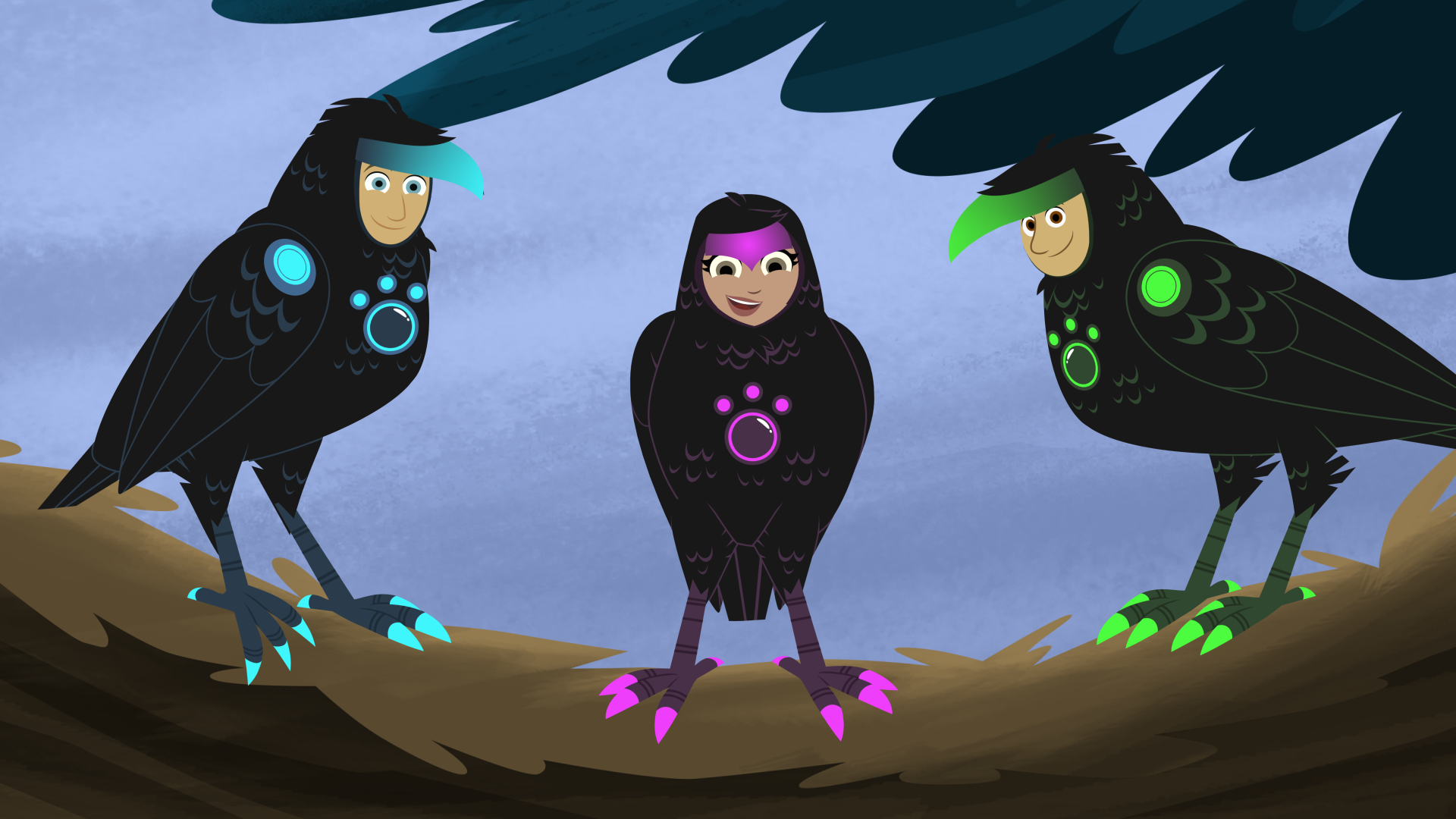 Three animated ravens perched on a branch, each with colorful glowing accents on feathers and claws.