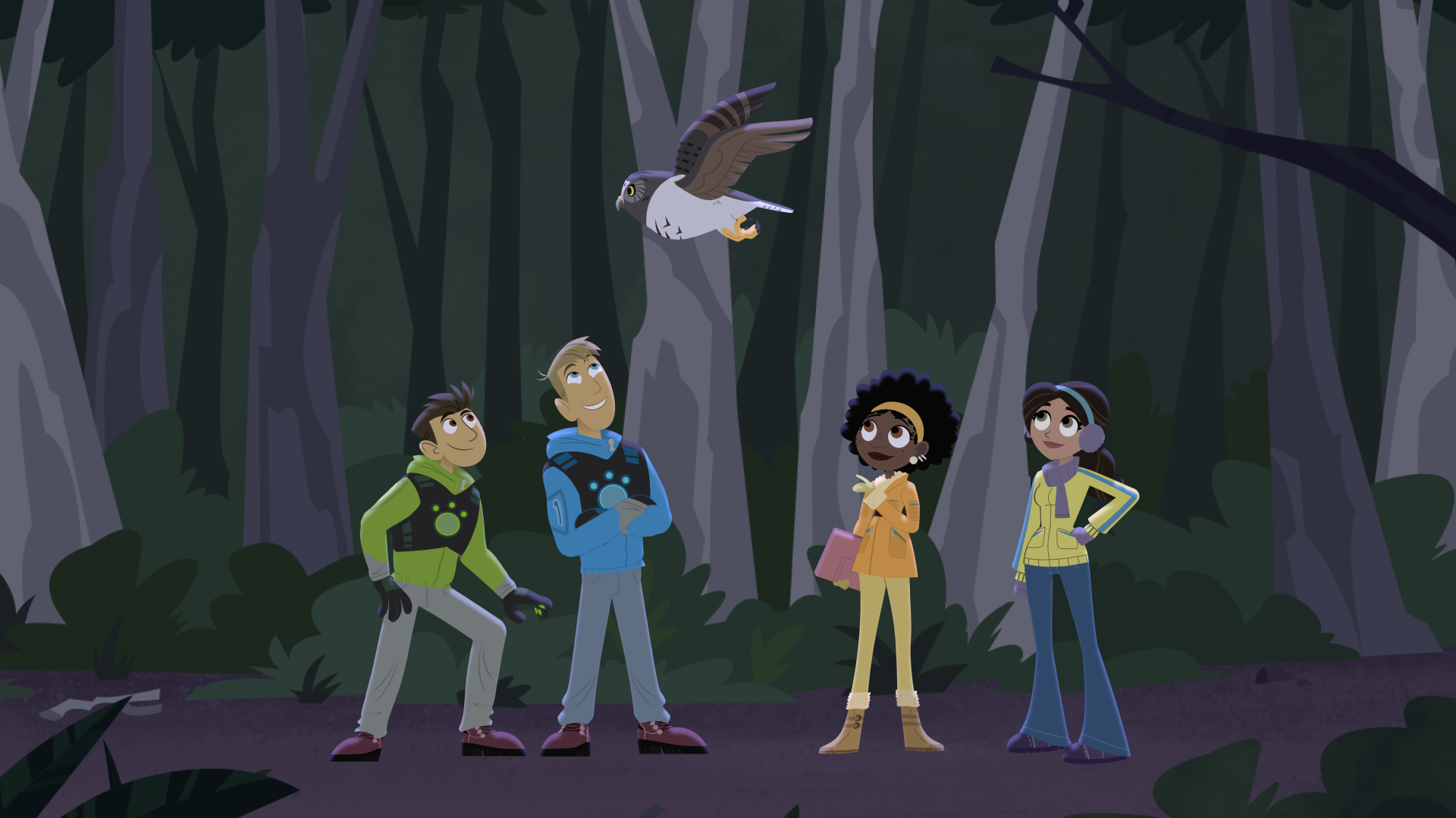 Animated forest at night with four characters looking up at an owl flying overhead.