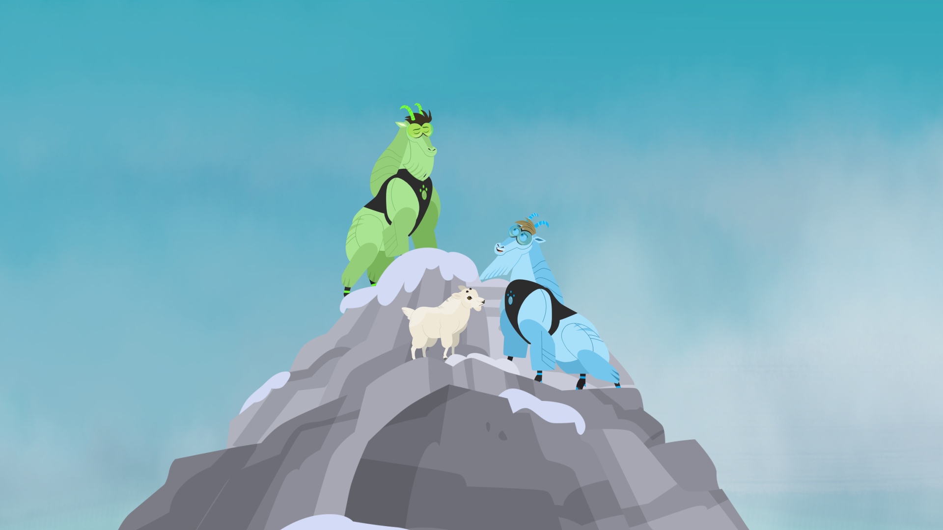 Two large mountain goats with creature power suits standing on a snowy peak beside a smaller white goat.