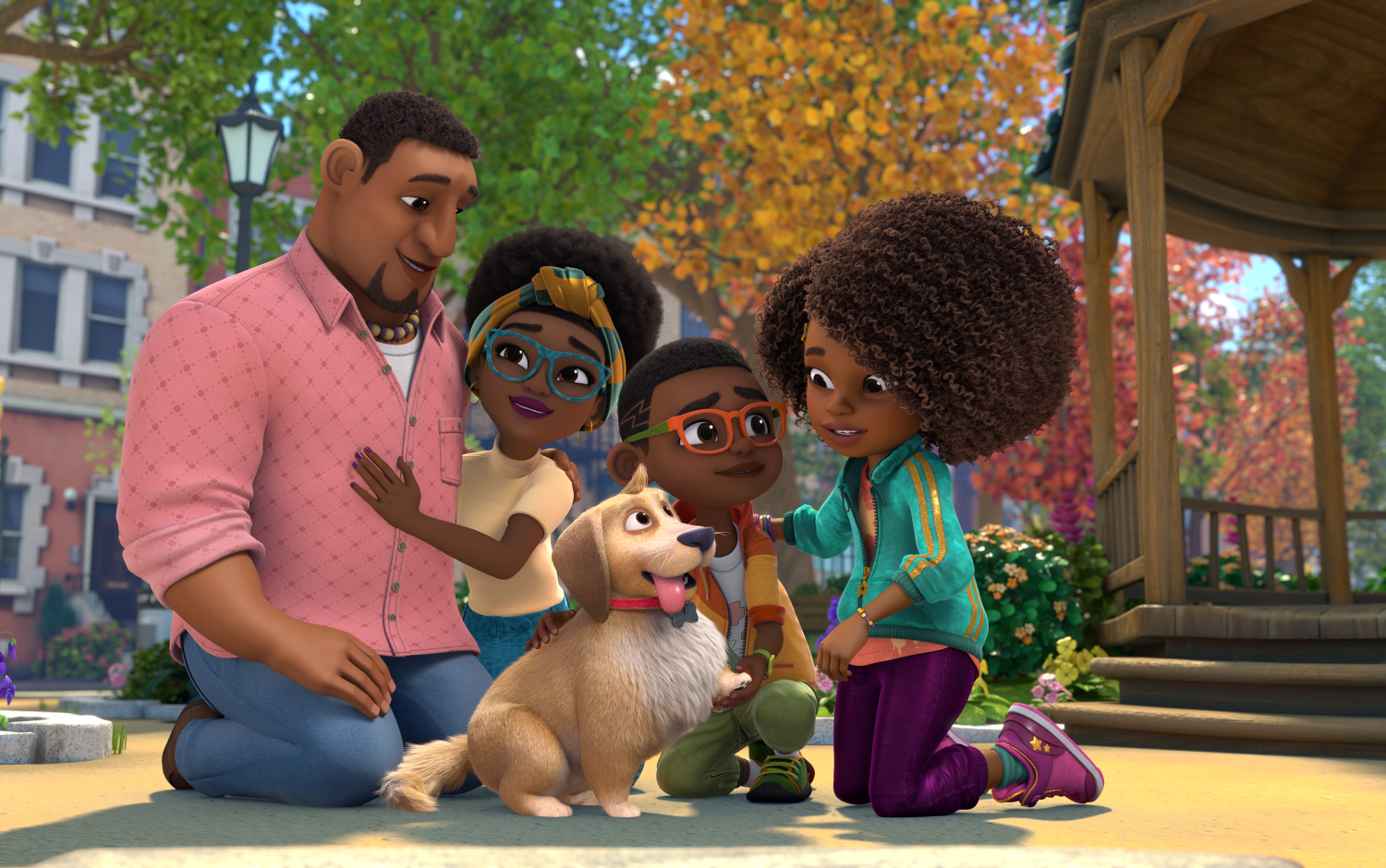 Karma and her family in a group pose. Her dad, Conrad Grant is next to her mom, Lillie Carter-Grant. Her dog, Major, and her brother, Keys, are next to Karma.