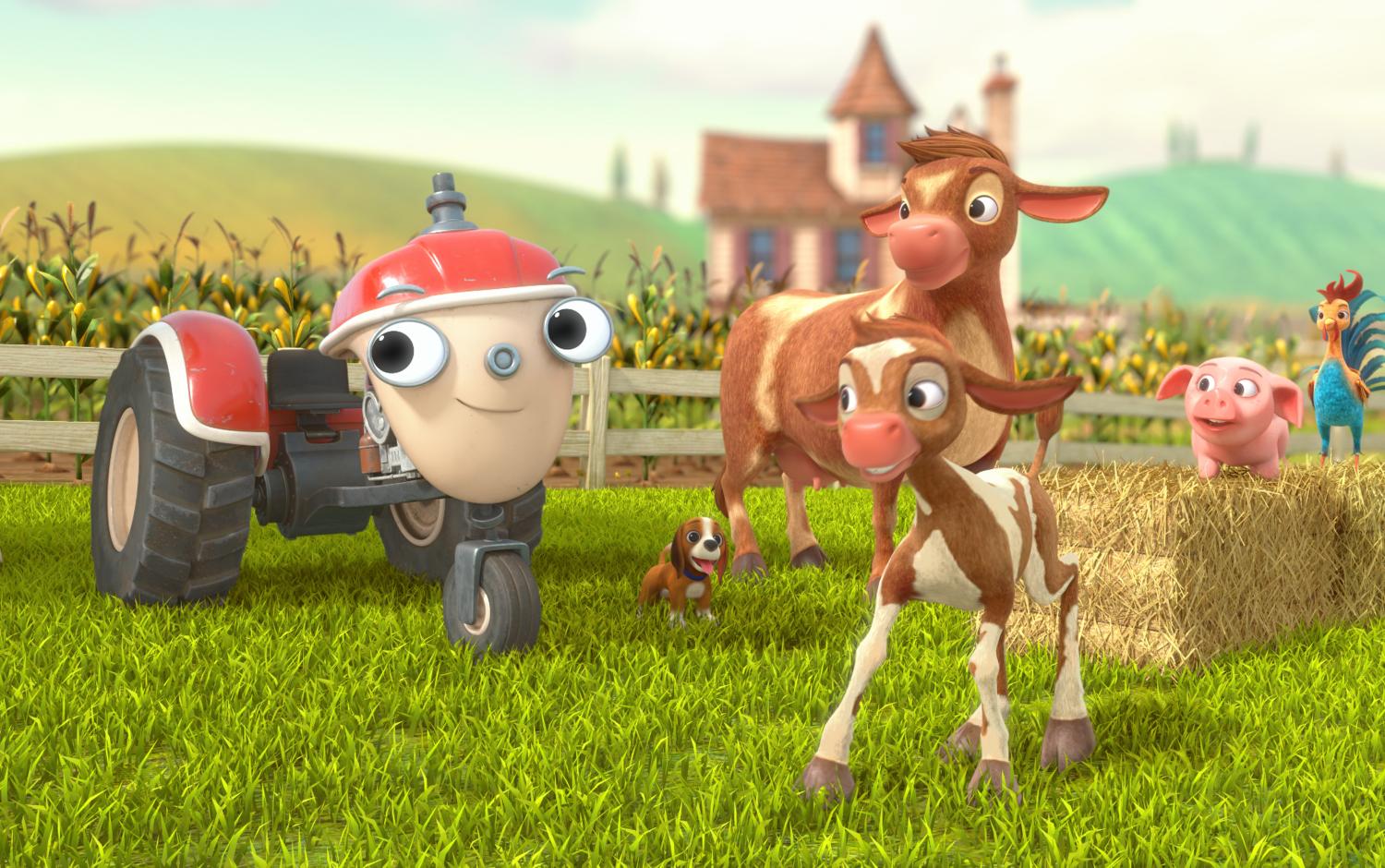 Otis next to a cow and her calf, with the farm in the background