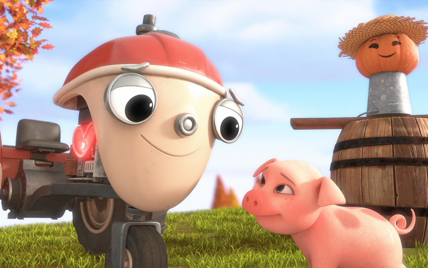Otis with a pig and an autumnal scene behind them with a pumpkin in a straw hat on a barrel
