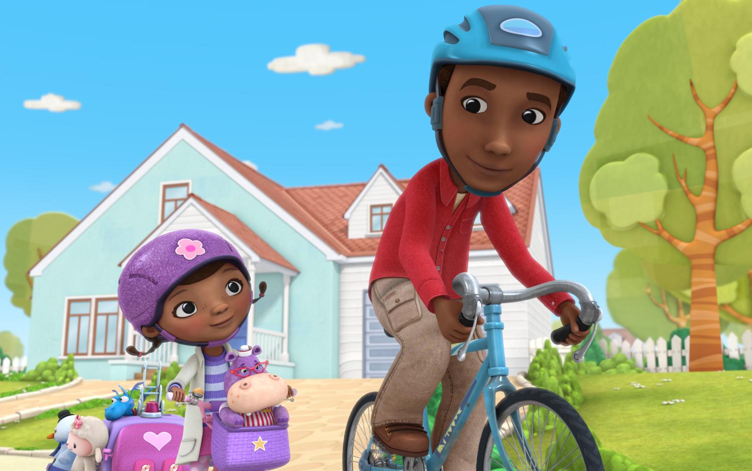 Doc McStuffins and her dad cycling. Doc is wearing a purple helmet and has Hallie in her bike basket. Her dad is wearing a blue helmet.