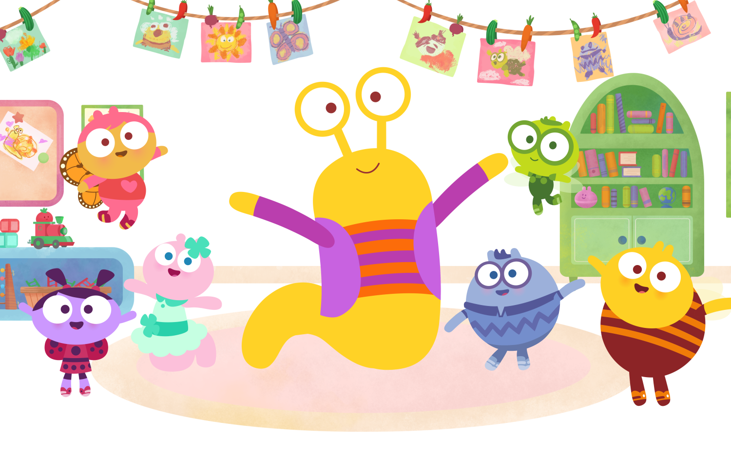 Lu & The Bally Bunch: Colorful characters gather in a decorated classroom setting.