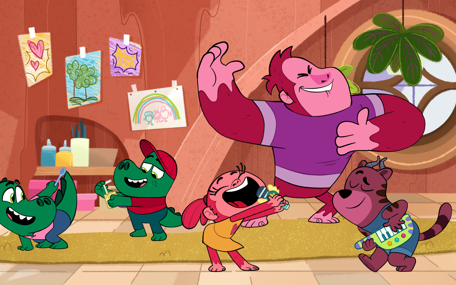 Let's Go, Bananas!: Characters dance and celebrate indoors with festive decorations.