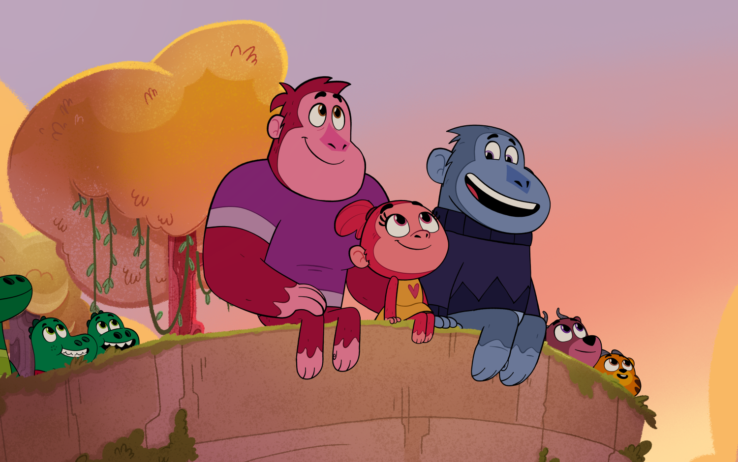 Let's Go, Bananas!: Three characters cliff on a cliff edge looking down.