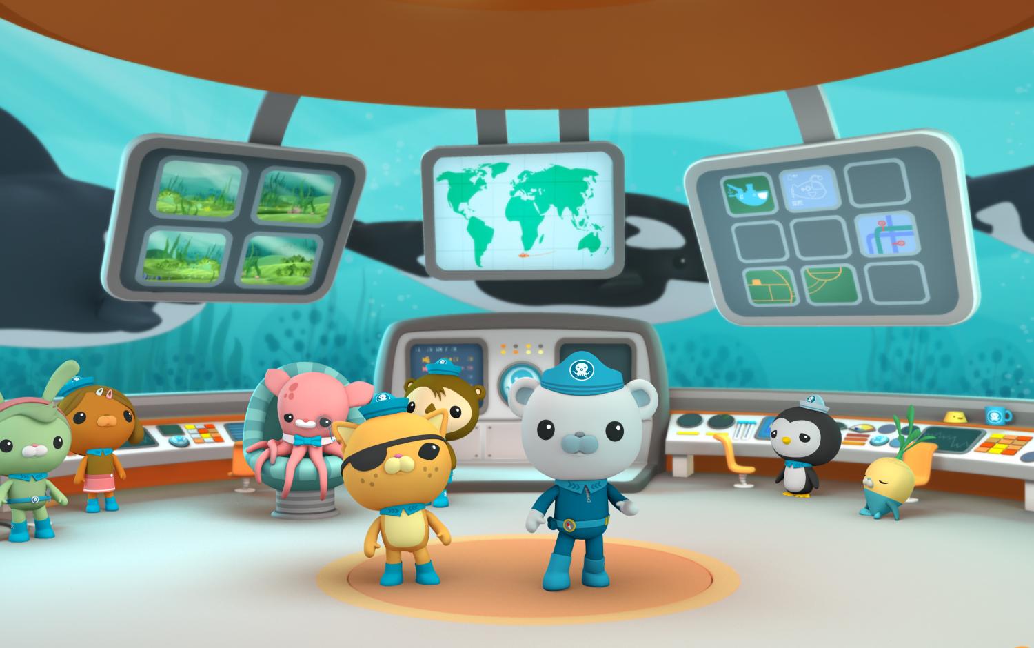 The Octonauts in the Octopod with the screens behind them and some killer whales swimming past