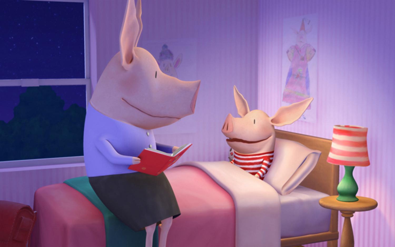 Olivia in her bed with her mother reading her a book.