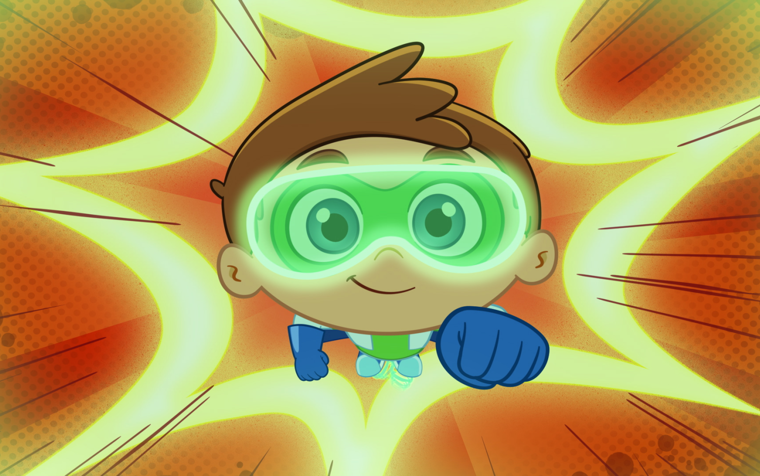 Super Why's Comic Book Adventures: A character in green goggles and gloves strikes an action pose.