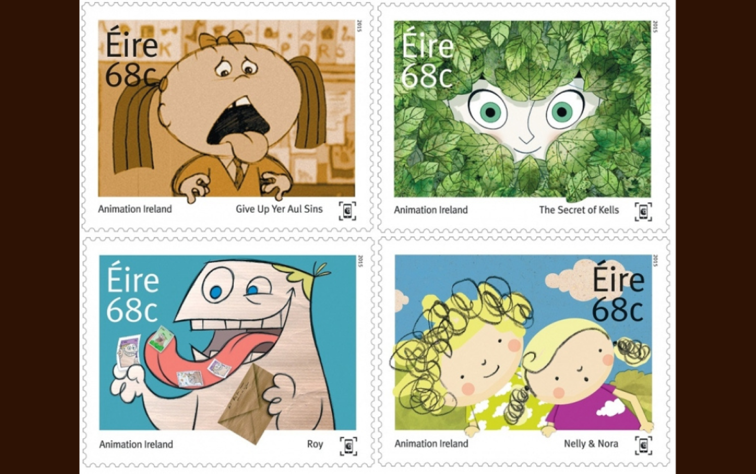 Four Irish postage stamps featuring animated characters from popular shows.