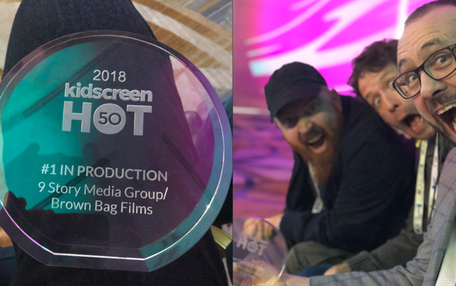 Close-up of a clear circular award engraved “2018 Kidscreen Hot 50 – #1 in Production, 9 Story Media Group/Brown Bag Films.”