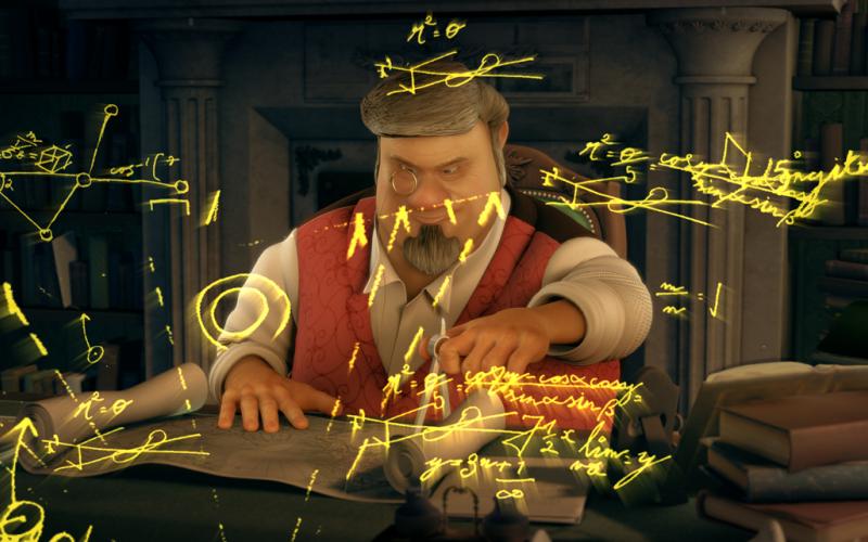A still from the animated short film 23 Degrees 5 Minutes showing Professor Orit making some mathematical calculations