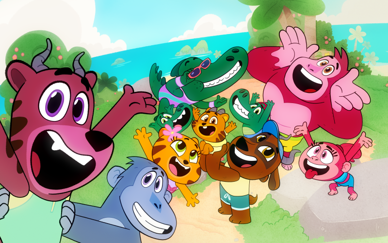 Let's Go, Bananas!: Group of characters pose happily together on a beach.