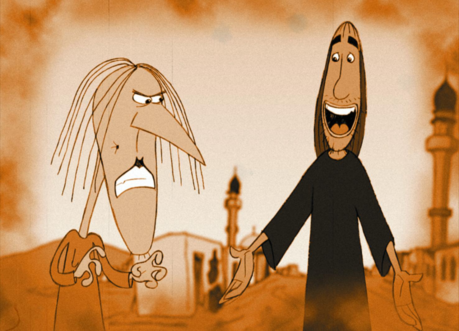 Two animated characters, one with long hair and the other in dark clothing, standing outdoors with a tower in the background.