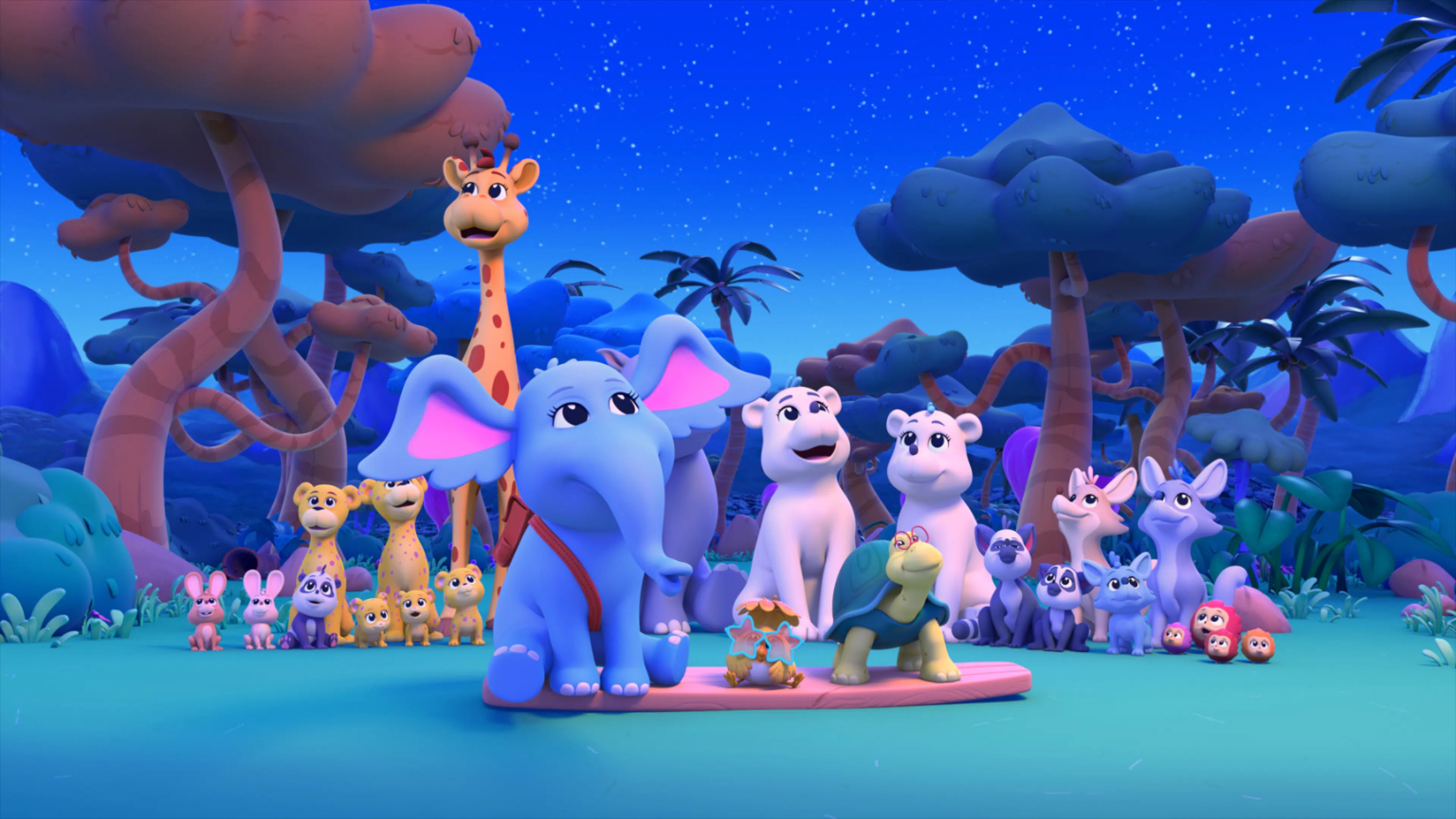 Horton sitting with various animals in a forest under a starry sky.