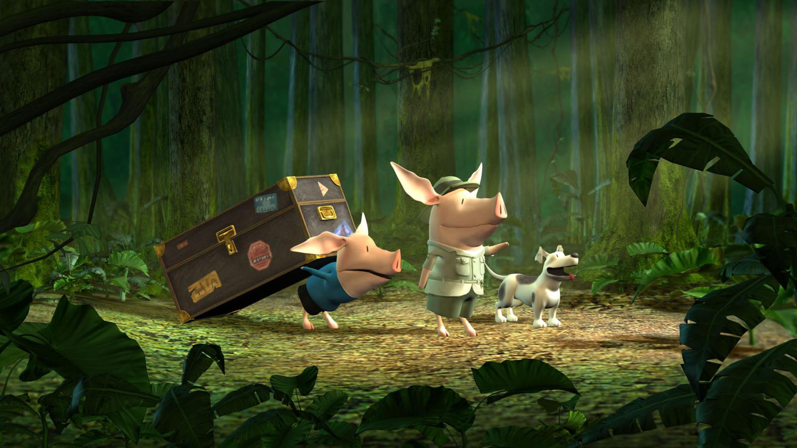 Outdoor scene with Olivia and another character carrying a trunk surrounded by trees and greenery.