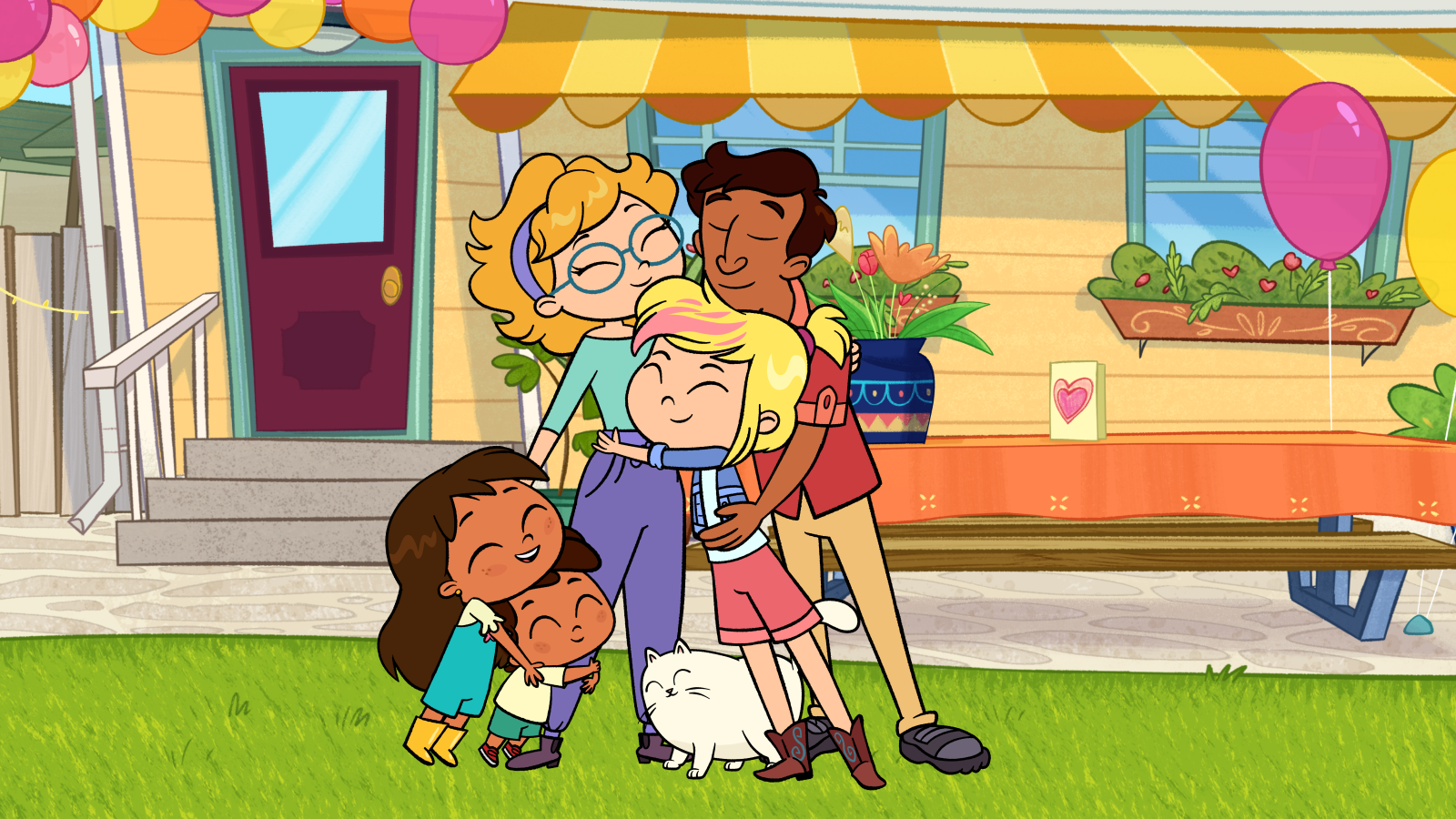 Rosie's Rules: A group of characters stand outside near balloons.