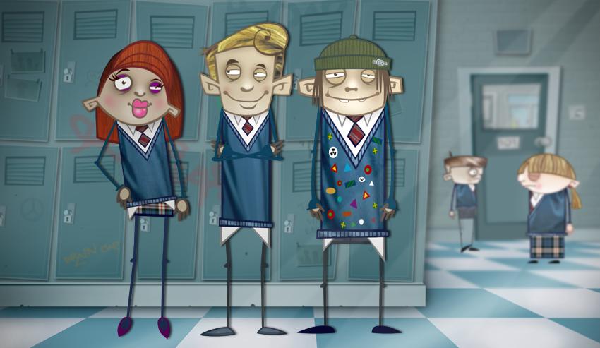 3 characters from Teenology standing in front of their school lockers