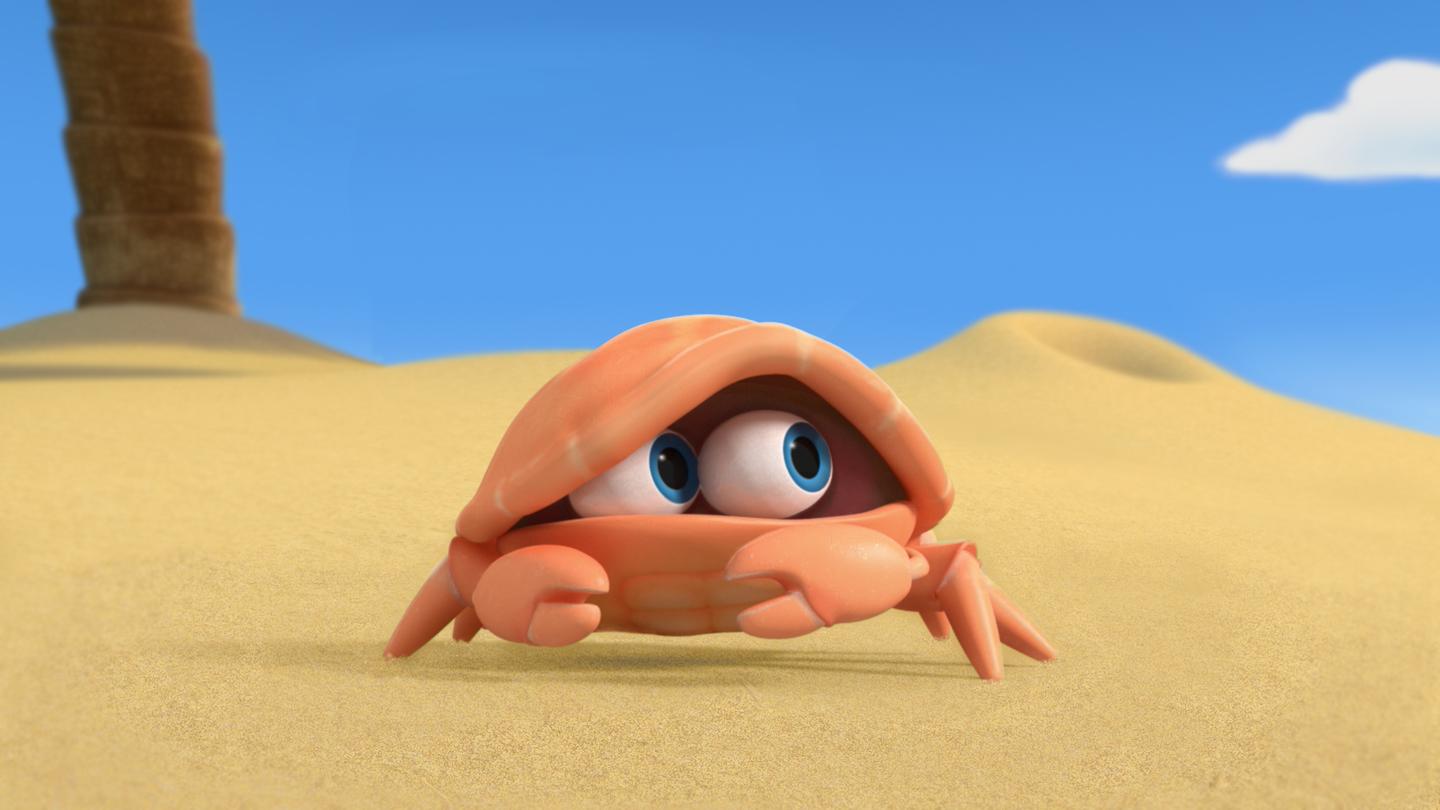 A cartoon crab with large blue eyes peeking from under its shell on a sunny beach, with a blue sky, white cloud, and palm tree trunk in the background.