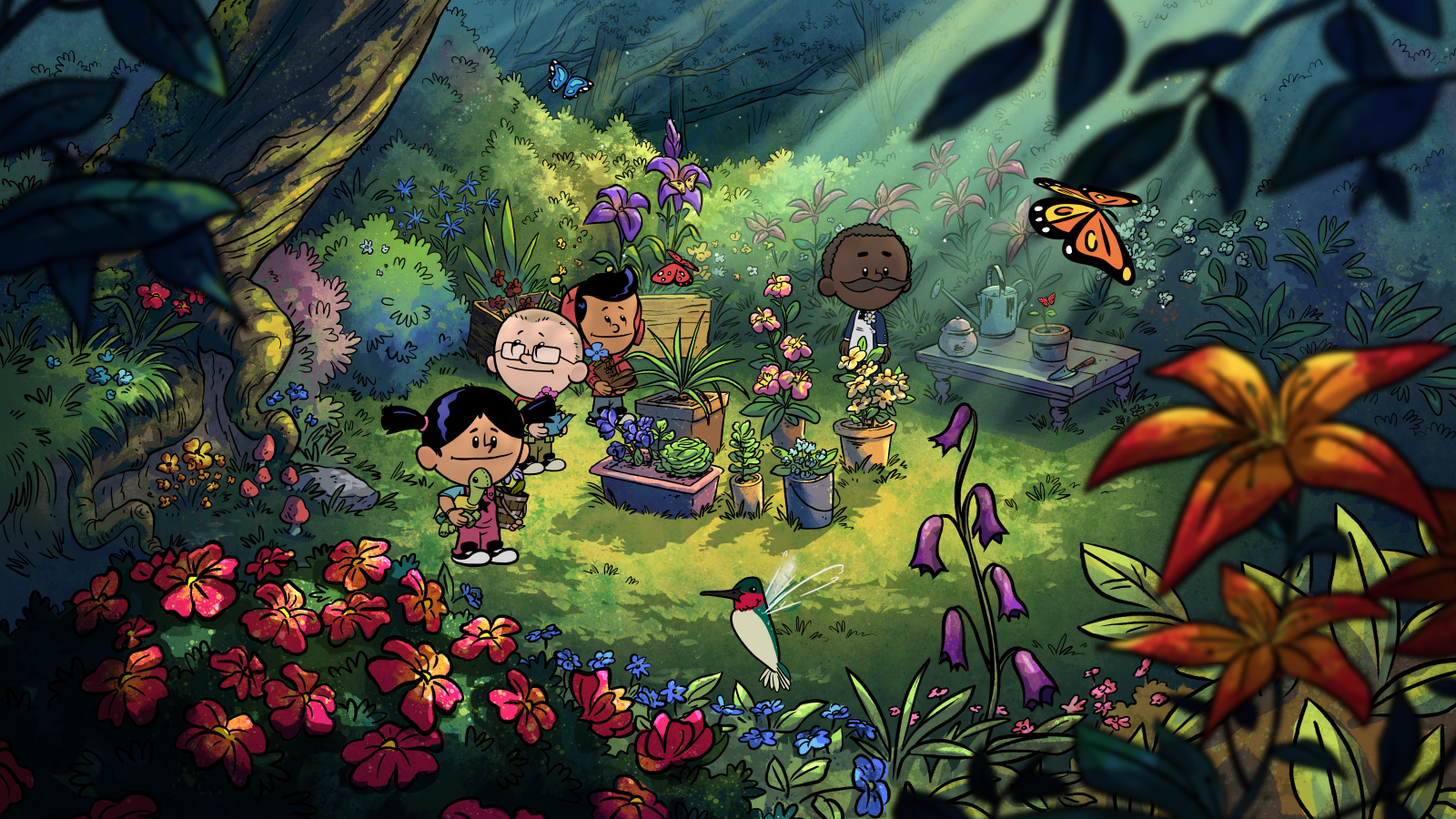 Still from Xavier Riddle and the Secret Museum: Yadina, Brad, and Xavier exploring a garden with flowers and butterflies.