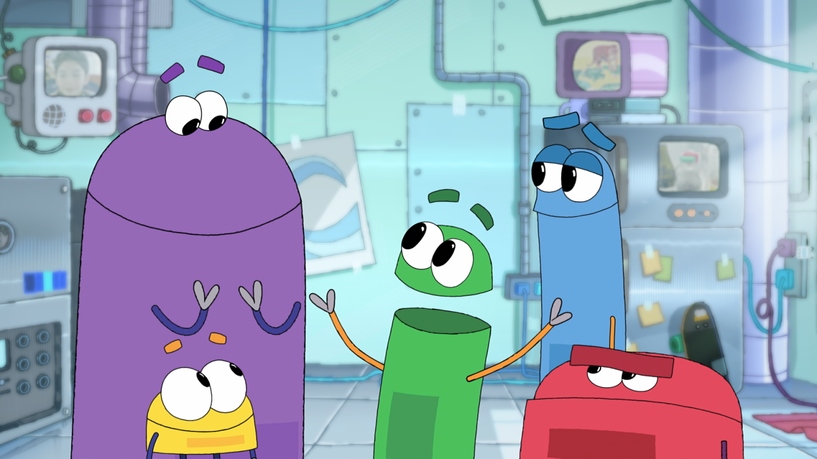 StoryBots together celebrating.