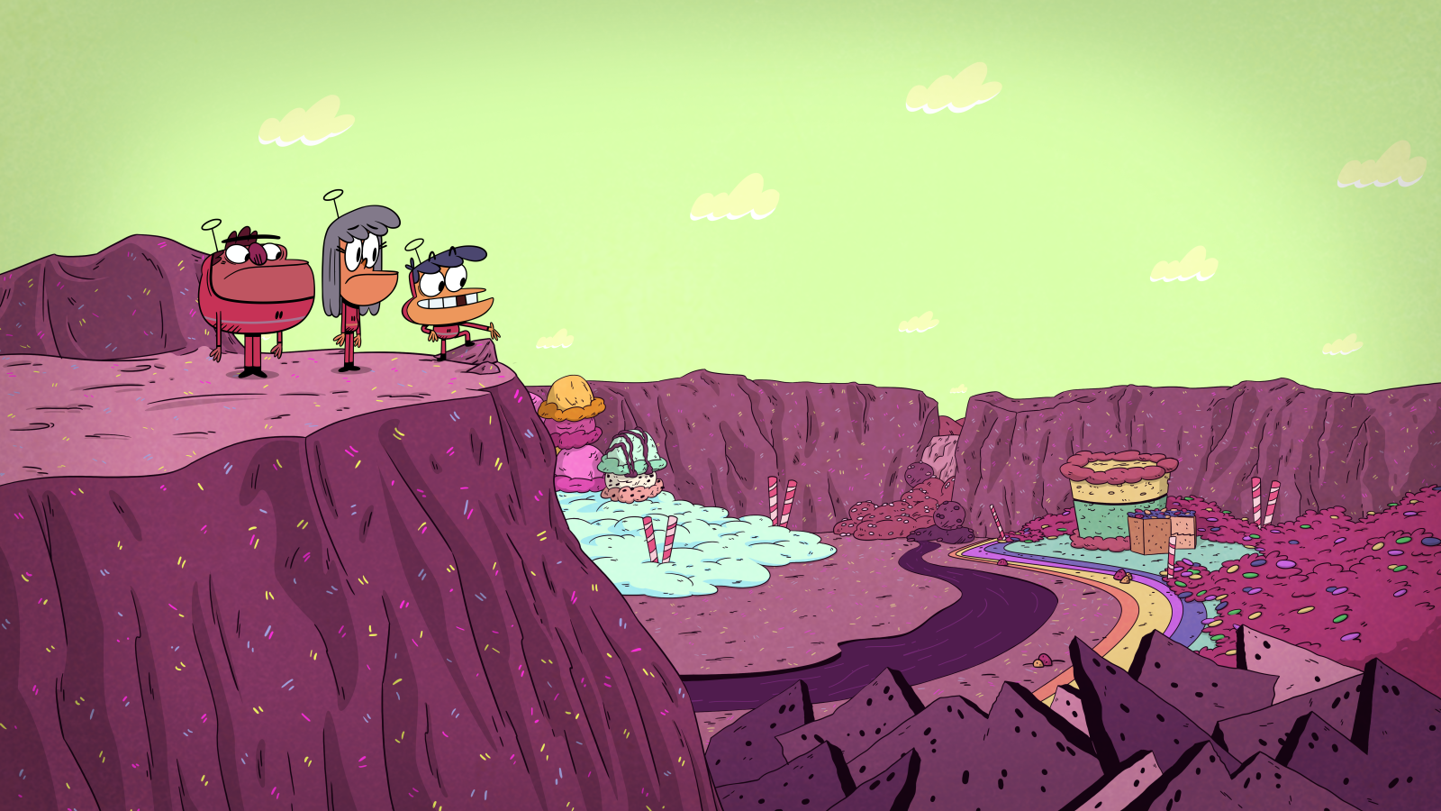 3 Amigonauts episodic still - three characters look out over a cliff