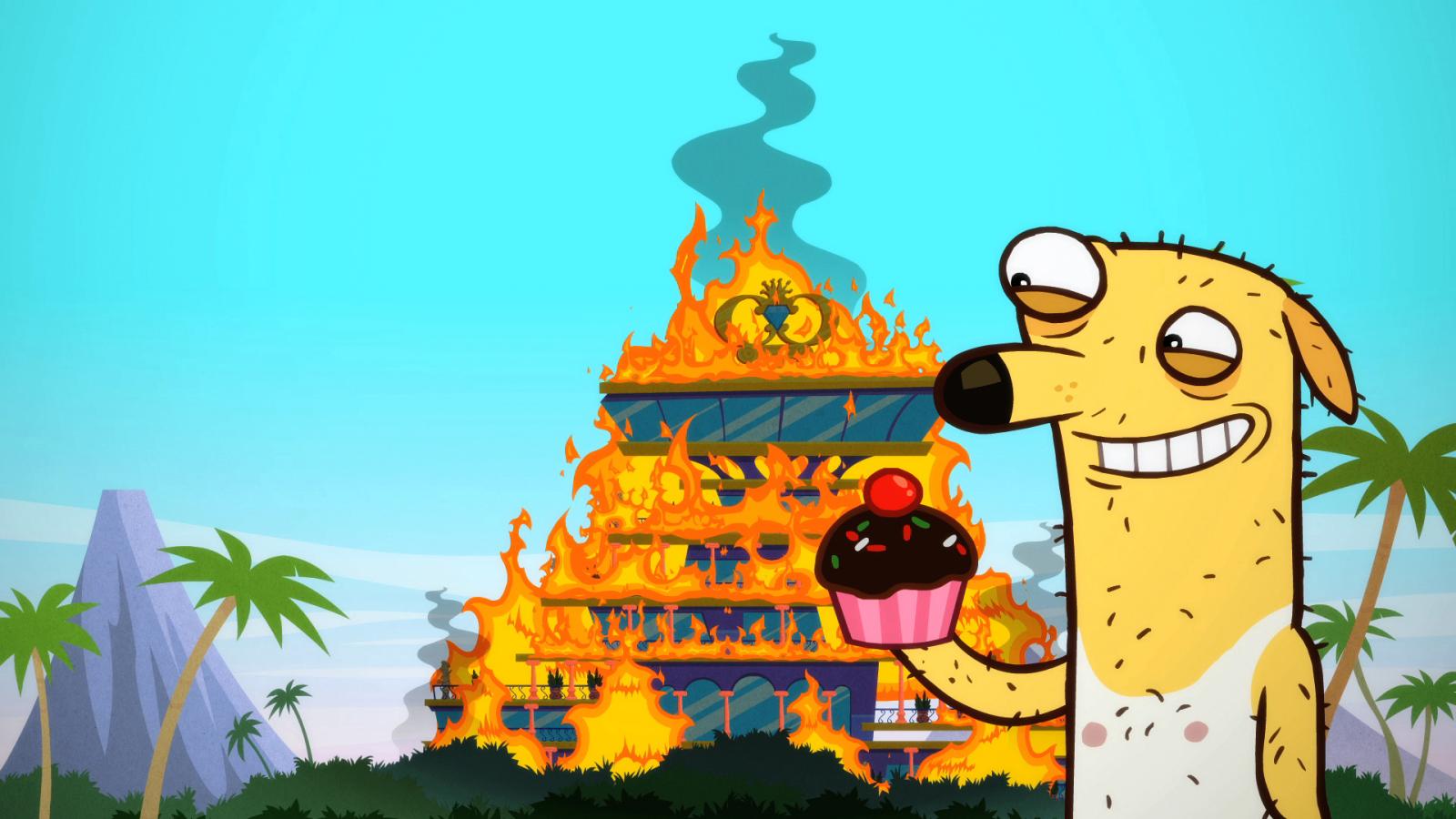 Almost Naked Animals episodic still - Yellow dog character standing proudly in front of a golden temple-like structure on fire under a blue sky.