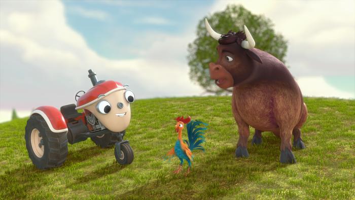 Otis with a rooster and bull