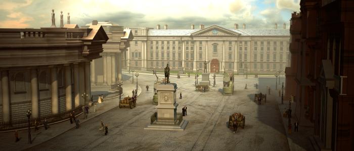 A still from the animated short film 23 Degrees 5 Minutes featuring the exterior of Trinity College