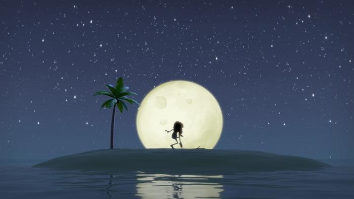 A still from the short film An Ode to Love, showing a man deserted on a beach with a stick