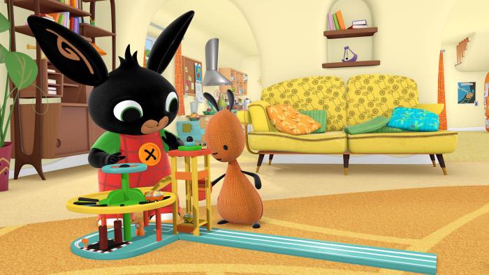 Bing and Flop playing in the sitting room