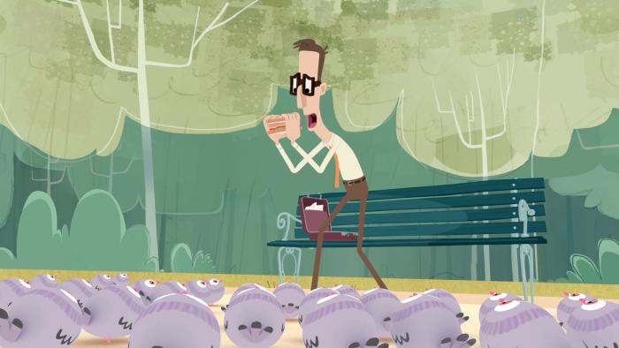A still from the animated short film Bird Food showing a man standing beside a bench in a park holding his sandwich surrounded by pigeons