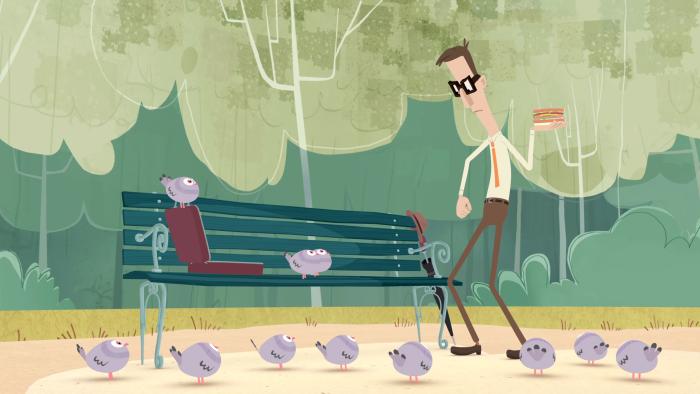 A still from the animated short film Bird Food showing a man standing beside a bench in a park holding his sandwich surrounded by pigeons